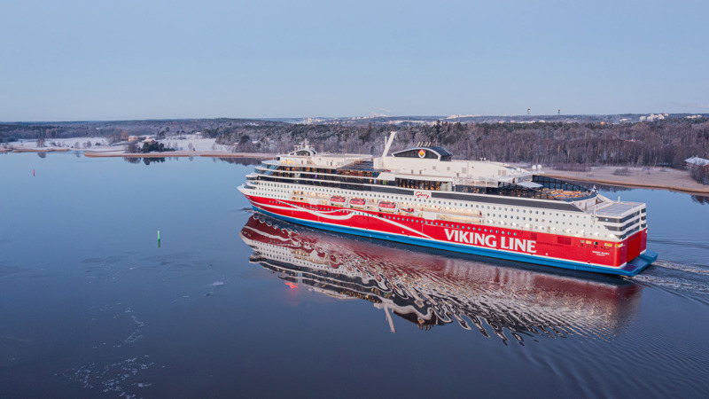 Viking Line Glory at sea in a winter landscape.